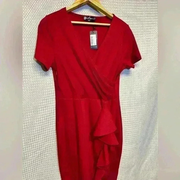 NWT! Beautiful Red Dress Oxiuly Womens V Neck, Slim Ruffle Pencil Dress Size L - Picture 6 of 11